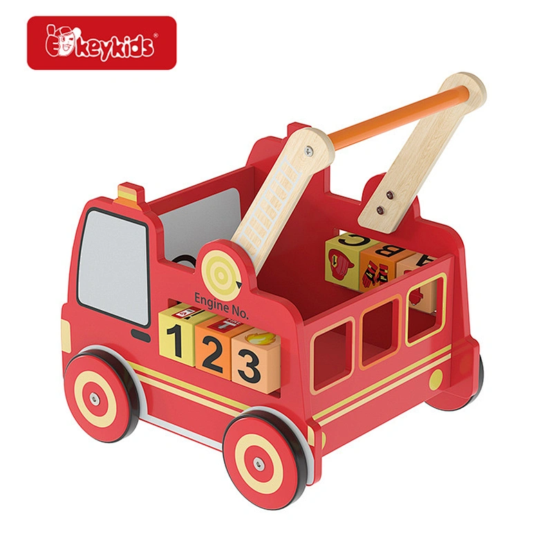 Customize red fire truck 2-in-1 wooden baby leaning walker toy for toddlers W16E224